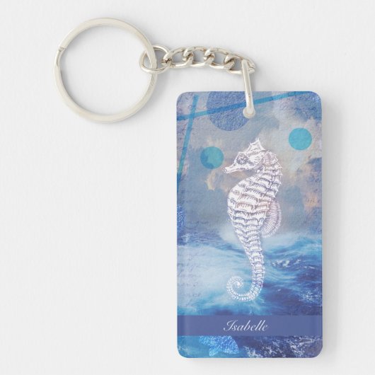 Elegant  Seahorse Blue Ocean Waves Name Sleutelhanger (Voorkant)