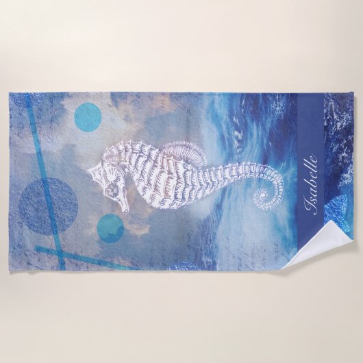 Elegant  Seahorse Blue Ocean Waves Name Strandlaken (Voorkant)