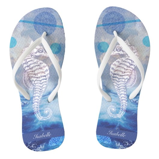 Elegant  Seahorse Blue Ocean Waves Name Teenslippers (Voetbed)