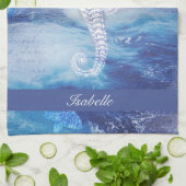Elegant  Seahorse Blue Ocean Waves Name Theedoek (Gevouwen)