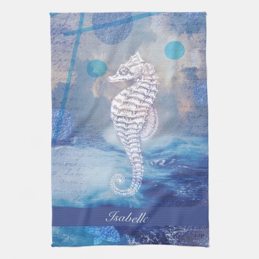Elegant  Seahorse Blue Ocean Waves Name Theedoek (Verticaal)