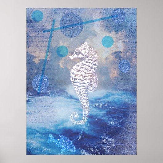 Elegant  Seahorse Blue Ocean Waves Poster (Voorkant)