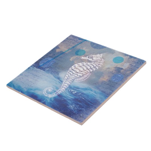 Elegant Seahorse Blue Ocean Waves Tegeltje (Zijkant)