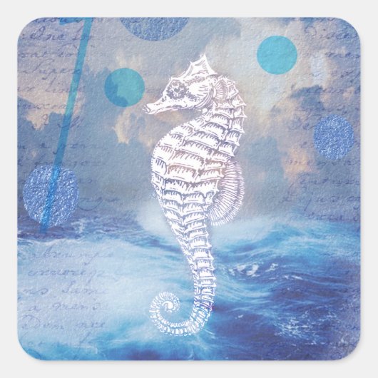 Elegant  Seahorse Blue Ocean Waves Vierkante Sticker (Voorkant)