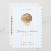 Elegant Seashell Gold & Blue Coastal Wedding Save The Date (Voorkant / Achterkant)