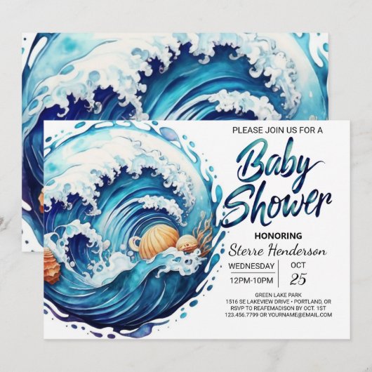 Elegant Seashore Waves Baby shower Kaart (Voorkant / Achterkant)