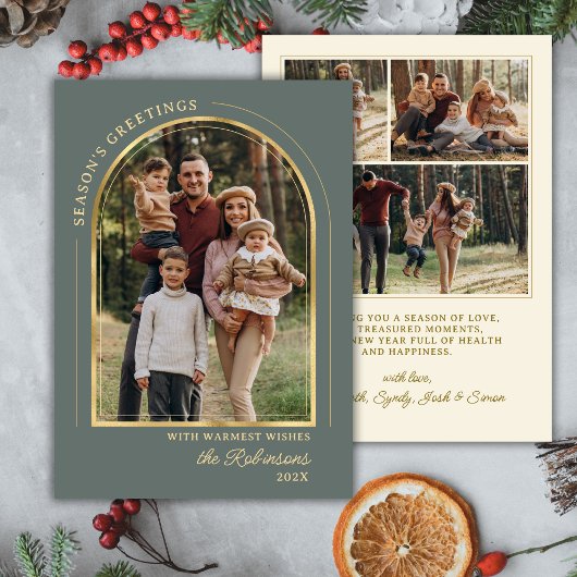 Elegant Seasons Greetings Gold Arch Green 4 Photo Feestdagenkaart
