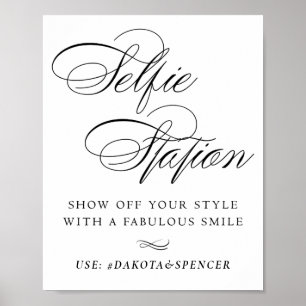 Elegant Selfie-station Black Script Smile Hashtag Poster