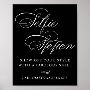 Elegant Selfie-station White Script Smile Hashtag Poster
