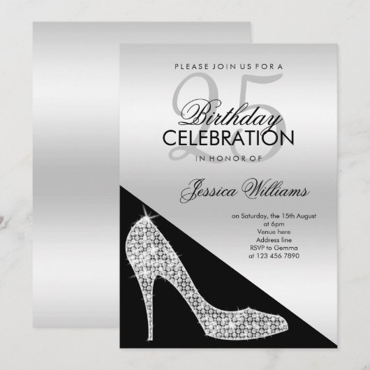 Elegant Sequin Stiletto, Silver & Black Birthday Kaart (Voorkant / Achterkant)