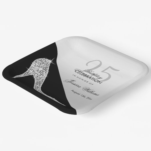 Elegant Sequin Stiletto, Silver & Black Birthday Papieren Bordje (Gebogen)