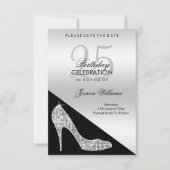 Elegant Sequin Stiletto, Silver & Black Birthday Save The Date (Voorkant)
