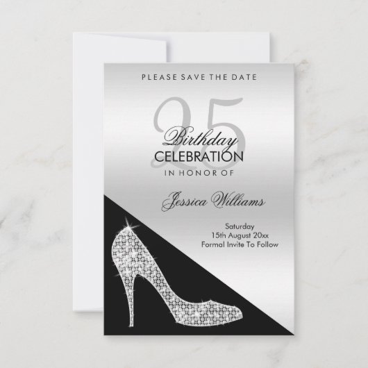 Elegant Sequin Stiletto, Silver & Black Birthday Save The Date (Voorkant)