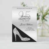 Elegant Sequin Stiletto, Silver & Black Birthday Save The Date (Staand voorkant)