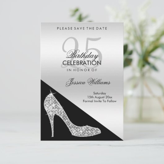 Elegant Sequin Stiletto, Silver & Black Birthday Save The Date (Staand voorkant)