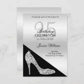 Elegant Sequin Stiletto, Silver & Black Birthday Save The Date (Voorkant / Achterkant)