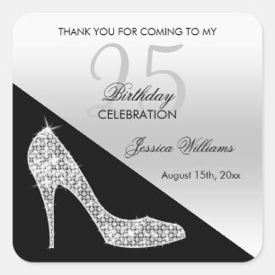 Elegant Sequin Stiletto, Silver & Black Birthday Vierkante Sticker