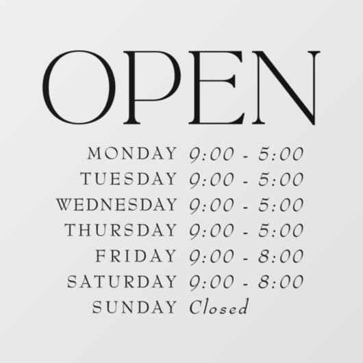 Elegant Serif winkel open uurbord Open teken Raamsticker (Vel)