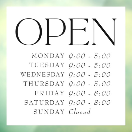 Elegant Serif winkel open uurbord Raamsticker (Vel 3)