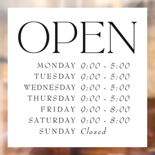 Elegant Serif winkel open uurbord Raamsticker (Vel 2)