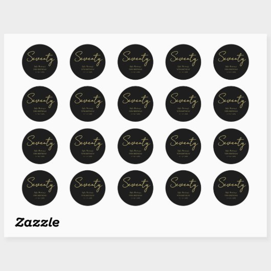 Elegant Seventy Birthday Sticker–Black Gold Script Ronde Sticker (Vel)