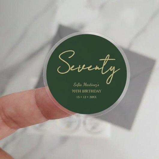 Elegant Seventy Birthday Sticker–Green Gold Script Ronde Sticker