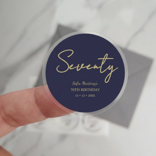 Elegant Seventy Birthday Sticker–Navy Gold Script Ronde Sticker