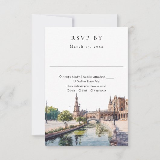 Elegant Sevilla Spanje Aquarel Bruiloft RSVP Kaartje (Voorkant)