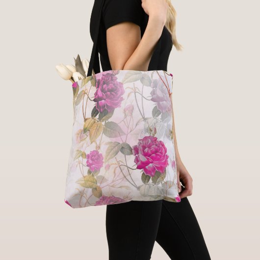 Elegant  Shabby Chic Paarse Rozen Tote Bag (Dichtbij)