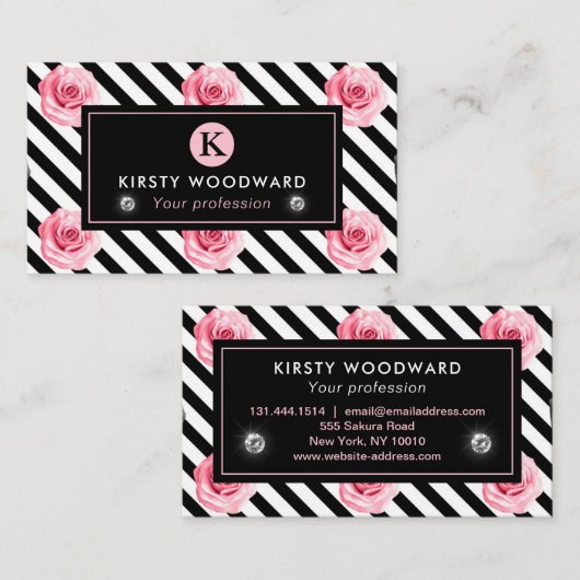 Elegant Shabby Chic Pink en Black Rozen Patroon Visitekaartje (Voorkant / Achterkant)