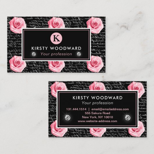 Elegant Shabby Chic Pink en Black Rozen Patroon Visitekaartje (Voorkant / Achterkant)