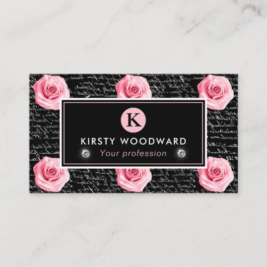 Elegant Shabby Chic Pink en Black Rozen Patroon Visitekaartje (Voorkant)