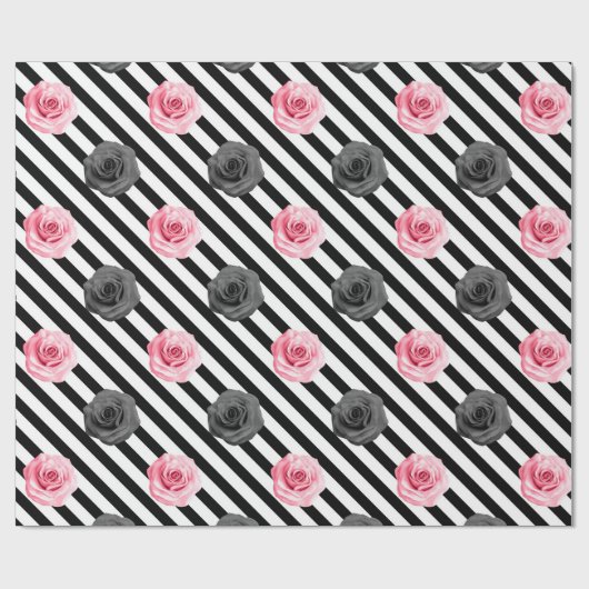 Elegant Shabby Chic Pink en Black Rozen Stripes Cadeaupapier (Vlak)