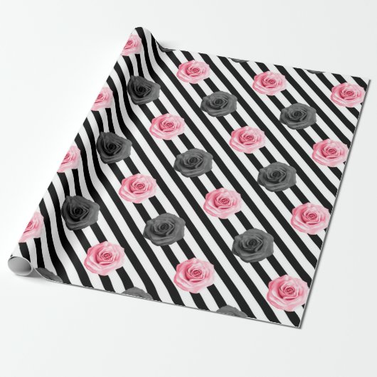 Elegant Shabby Chic Pink en Black Rozen Stripes Cadeaupapier (Uitgerold)