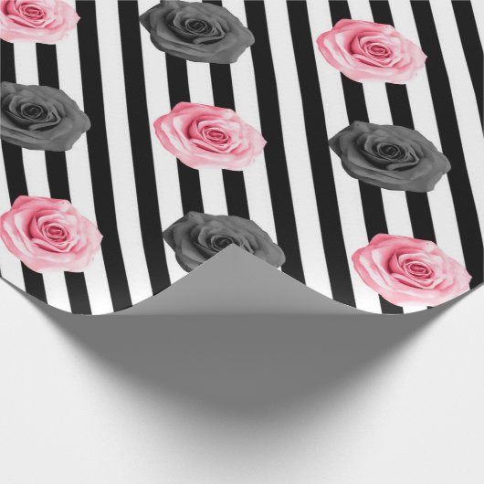 Elegant Shabby Chic Pink en Black Rozen Stripes Cadeaupapier (Hoek)