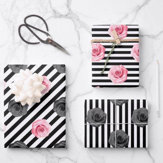 Elegant Shabby Chic Pink en Black Rozen Stripes Inpakpapier Vel (Voorkant)