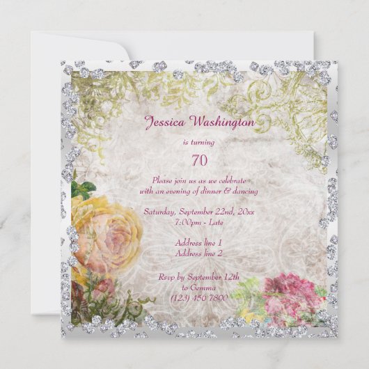 Elegant Shabby Chic Rozen & Diamonds 70e verjaarda Kaart (Achterkant)