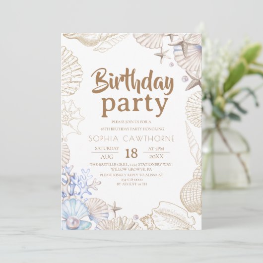 Elegant Shells Ocean Birthday Party Kaart (Staand voorkant)