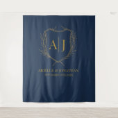 Elegant Shield monogram wedding blue gold backdrop Wandkleed (Voorkant)