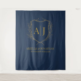 Elegant Shield monogram wedding blue gold backdrop Wandkleed