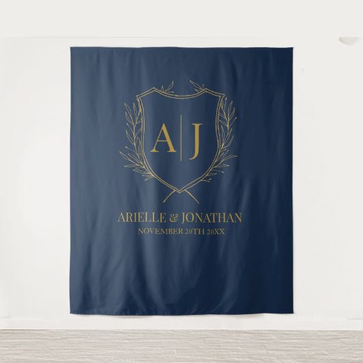 Elegant Shield monogram wedding blue gold backdrop Wandkleed (Voorkant)