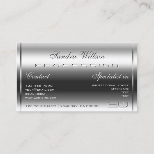 Elegant Shimmery Silver en grote 3D Initialen Chic Visitekaartje (Achterkant)