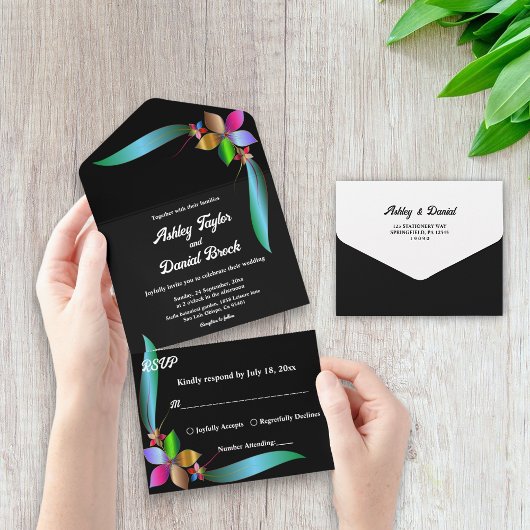 Elegant  Shiny Black Modern Floral Wedding All In One Uitnodiging