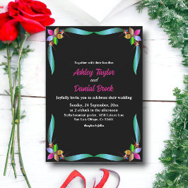 Elegant  Shiny Black Modern Floral Wedding Kaart