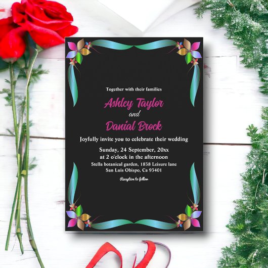 Elegant  Shiny Black Modern Floral Wedding Kaart