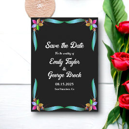 Elegant  Shiny Black Modern Floral Wedding Save The Date