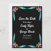 Elegant  Shiny Black Modern Floral Wedding Save The Date (Voorkant)