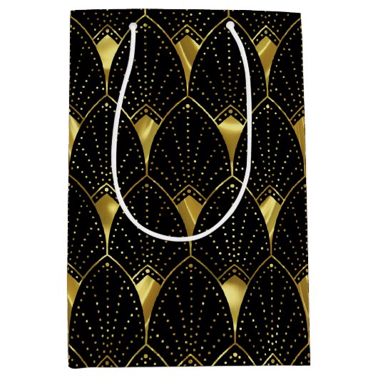 Elegant Shiny Gold Art Deco Patroon op zwart Medium Cadeauzakje (Voorkant)