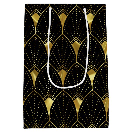 Elegant Shiny Gold Art Deco Patroon op zwart Medium Cadeauzakje (Achterkant)