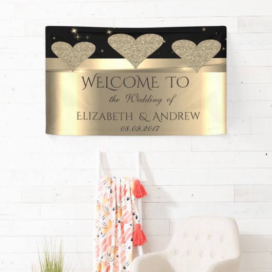 Elegant Shiny Gold Glitter Hearts Wedding Banner (Insitu)
